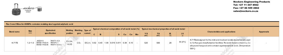 Flux Cored Wires for 490MPa corrosion resisting steel against sulphuric acid